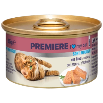 Katzenfutterdose mit einem verspielten getigerten Kätzchen auf dem Etikett, beschriftet mit 'PREMIERE I love my cat' und 'Soft Mousse mit Rind' sowie Nährwertangaben.