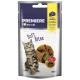 Emballage des friandises pour chats I Love My Cat Soft Bites mettant en vedette un chat tigré gris, avec du texte et des images visibles des friandises.