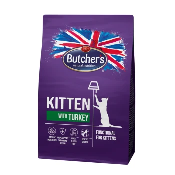 Fioletowa torba karmy dla kociąt Butcher's z indykiem, z sylwetką kota i tekstem o naturalnych składnikach i zdrowym wzroście.