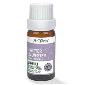 Flasche AniForte Globuli für Haustiere, beschriftet mit "Gewitter & Silvester" (Sturm & Feuerwerk), geeignet für Hunde, Katzen, Kleintiere und Pferde.