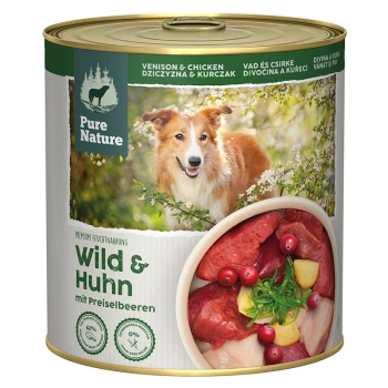 Dose Pure Nature Haustierfutter mit Wild und Huhn, mit einer Schüssel Fleisch und Beeren auf dem Etikett, beschriftet "Wild & Huhn."