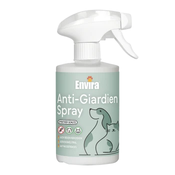 Envira Anti-Giardien Sprayflasche mit einer weißen Düse, mit Hund- und Katzenillustrationen und dem Anspruch auf Giardien-Schutz.