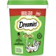 Bunter 'Mega Tub Mega Box' von Dreamies Katzenleckerlis (350g) mit verspielter Katzenkunst und Highlights: 'Unwiderstehlicher Katzenminze', 'Weich & knusprig' und '2 kcal'.