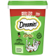 Bunter 'Mega Tub Mega Box' von Dreamies Katzenleckerlis (350g) mit verspielter Katzenkunst und Highlights: 'Unwiderstehlicher Katzenminze', 'Weich & knusprig' und '2 kcal'.
