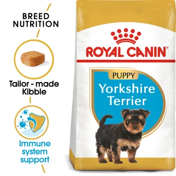 Royal Canin Puppy Yorkshire Terrier dog food bag with a puppy image, showcasing breed-specific nutrition and immune support.