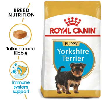 Royal Canin Puppy Yorkshire Terrier dog food bag with a puppy image, showcasing breed-specific nutrition and immune support.