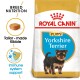 Royal Canin Puppy Yorkshire Terrier dog food bag with a puppy image, showcasing breed-specific nutrition and immune support.