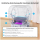Transparente automatische Katzentoilette mit nummerierten Sensorzonen und Beschriftung 'Dreifache Absicherung für maximale Sicherheit'.