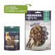 Zwei Tierfutterpakete: links "Premiere Snack It Meaties" mit einem Hundebild; rechts "Premiere I love my dog Meaties" mit Enten- und Fischhighlight.