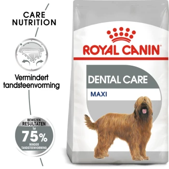 Royal Canin Dental Care hondenvoerzak met een grote hondillustratie, met tekst die de tandheelkundige voordelen en 75% plaque-reductie benadrukt.