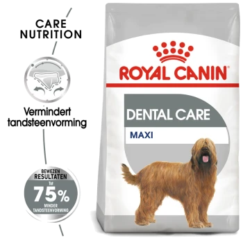 Royal Canin Dental Care hondenvoerzak met een grote hondillustratie, met tekst die de tandheelkundige voordelen en 75% plaque-reductie benadrukt.