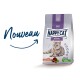 Sac de nourriture pour chats Happy Cat Senior présentant du saumon atlantique, adapté aux chats de 8 ans et plus, avec le texte "Nouveau" dans une police ludique.
