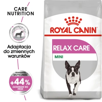 Torba karmy dla psów Royal Canin Relax Care Mini z biegającym psem, z tekstem podkreślającym odżywianie i adaptację do zmieniających się warunków.