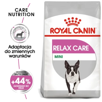 Torba karmy dla psów Royal Canin Relax Care Mini z biegającym psem, z tekstem podkreślającym odżywianie i adaptację do zmieniających się warunków.