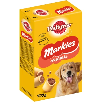 Verpackung von Pedigree Markies Original Hundeleckerlis, mit einer gelben Box, die Bilder der Leckerlis und eines Hundes zeigt. Größe 500 g.