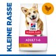 Hill's Science Plan Hundefutterbeutel für kleine Rassen, beschriftet mit "Erwachsene 1-6," mit einem Hühner-Icon und tierärztlicher Empfehlung.