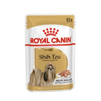 Royal Canin Adult Shih Tzu dog food pouch, 85g, featuring a Shih Tzu dog image, with text highlighting "Healthy Skin & Coat."