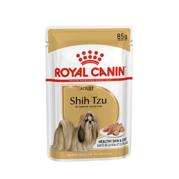 Royal Canin Adult Shih Tzu dog food pouch, 85g, featuring a Shih Tzu dog image, with text highlighting "Healthy Skin & Coat."