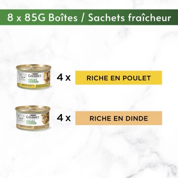 Pack de nourriture pour chat Gourmet : 8 x 85 g (boîtes / sachets fraîcheur), 4x RICHE EN POULET et 4x RICHE EN DINDE
