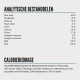 Voedingsanalyse voor huisdiervoer, met ingrediënten en percentages: eiwit 40%, vet 15%, vezels 4%, calcium 1,5%, omega-3 en omega-6 vetzuren.