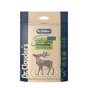 Stripes Snack Hirsch - 10x 80g Dr. Clauder's High Premium Snack Stripes für Haustiere, mit einer Silhouette eines Rehs, beschriftet mit '100% Wild' und 'Small Hirsch.'