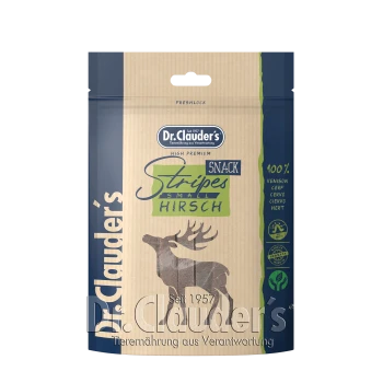 Dr. Clauder's High Premium Snack Stripes für Haustiere, mit einer Silhouette eines Rehs, beschriftet mit '100% Wild' und 'Small Hirsch.'