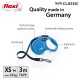 Blue flexi dog leash with ergonomic grip, sturdy tape, and comfortable braking system; suitable for small dogs up to 12 kg, 3m long.