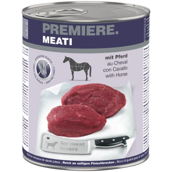 Dose PREMIERE MEATI Heimtierfutter mit Aufschrift "mit Pferd / with Horse", zeigt zwei rohe Steaks und ein Fleischerbeil mit dem Schriftzug "for meat lovers".