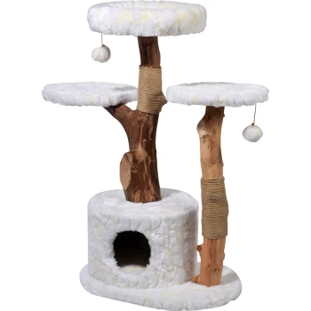 Design-Kratzbaum "Frosty" , Weiß Ein plüschiger, weißer Katzenbaum mit zwei erhöhten Plattformen, natürlichen Holzpfosten und einem gemütlichen Versteck an der Basis, mit herabhängenden Pompons.