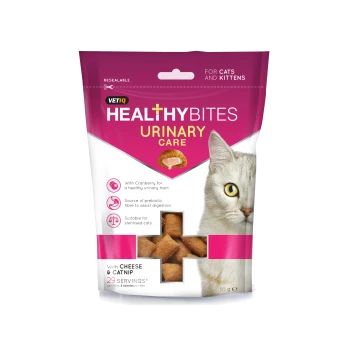 Resealable bag of VETIQ Healthy Bites for cats, labeled "Urinary Care," with cheese, catnip, and 29 servings for urinary health and digestion.
