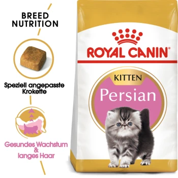 Royal Canin Persian Kittenfutter-Tüte mit einem flauschigen Kätzchen, das rassespezifische Ernährung für gesundes Wachstum und langes Haar zeigt.