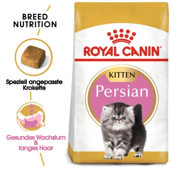Royal Canin Persian Kittenfutter-Tüte mit einem flauschigen Kätzchen, das rassespezifische Ernährung für gesundes Wachstum und langes Haar zeigt.
