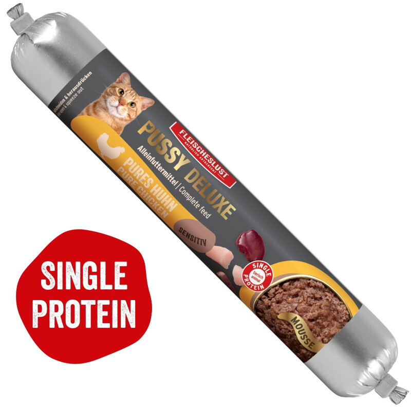 Pussy Deluxe Sensitiv Pures Huhn Alleinfutter Wurst Katze 12x100g