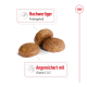 Drei runde Krokettenstücke beschriftet mit "Hochwertiges Protein" und "Angereichert mit Vitaminen C & E."
