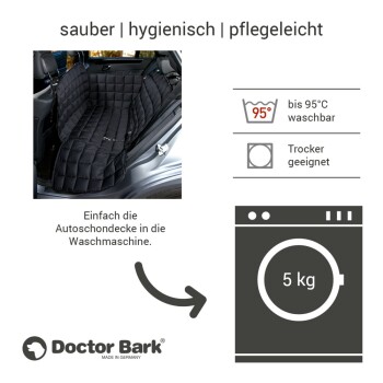 Schwarze, gesteppte Autositzauflage, die in einem Fahrzeug angezeigt wird, beschriftet mit "sauber | hygienisch | pflegeleicht," mit Waschhinweisen und Logo von Doctor Bark.