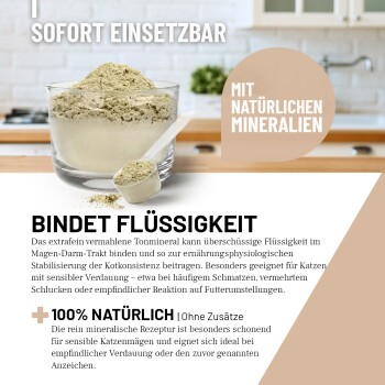 Katzensupplement-Pulver mit der Aufschrift "REAVET Magenmild Soforteffekt," das Vorteile wie beruhigende Wirkungen, natürliche Inhaltsstoffe und einfache Dosierung hervorhebt.