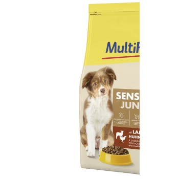 Dog food bag labeled "MultiFit Sensitive Junior" featuring a brown and white puppy, with key details about ingredients: lamb, chicken, and rice.