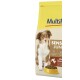 Dog food bag labeled "MultiFit Sensitive Junior" featuring a brown and white puppy, with key details about ingredients: lamb, chicken, and rice.
