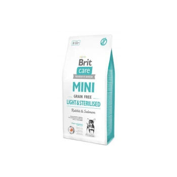 Biała torba karmy dla psów Brit Care Mini Grain Free, oznaczona "Light & Sterilised" o smaku królika i łososia.