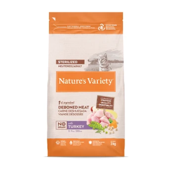 Sac de nourriture pour chat adulte stérilisé Nature's Variety avec viande de dinde désossée, sans céréales, 3 kg, avec image de chat et avantages clés.