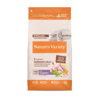Sac de nourriture pour chat adulte stérilisé Nature's Variety avec viande de dinde désossée, sans céréales, 3 kg, avec image de chat et avantages clés.