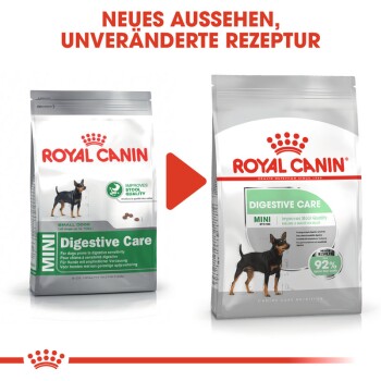 Zwei Royal Canin Hundefutterbeutel mit der Aufschrift "MINI Digestive Care" und "Digestive Care," die eine verbesserte Formel für bessere Stuhlqualität präsentieren.