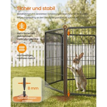 Kaninchen steht auf Hinterbeinen innerhalb eines schwarzen Metall-Auslaufs auf dem Rasen; Werbetext „Sicher und stabil“ und Hinweis „8 mm“.