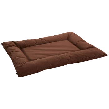 Braunes Haustierbett mit einem plüschigen, gepolsterten Design und einem Reißverschlussrand, ideal für Hunde oder Katzen.