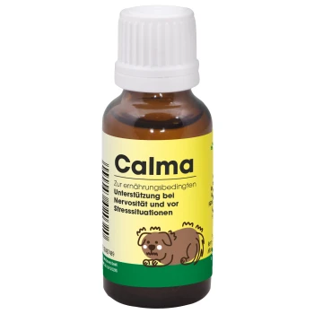 Braune Glasflasche mit dem Etikett "Calma" von cdVet, mit einem weißen Deckel und grün/gelbem Design, das 100% natürliche Zutaten anzeigt.