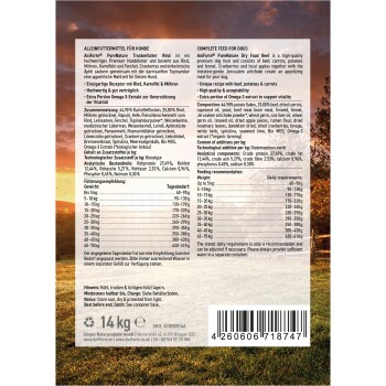 Hundefutterverpackung mit einem vollständigen Futter für Hunde mit Rindfleisch, Kartoffeln und Karotten. Enthält Nährwertinformationen und Fütterungshinweise.