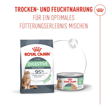 Royal Canin Digestive Katzenfutter-Beutel und Dose mit Katzenbild; Beschriftung: „ROYAL CANIN“, „DIGESTIVE“ und „95 % gesunde Kotqualität in 10 Tagen“.