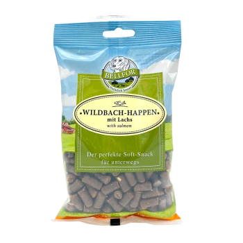 Durchsichtige Plastiktüte mit Haustierleckereien, beschriftet mit "WILDBACH-HAPPEN mit Lachs" mit Lachs, grünem Hintergrund und "Der perfekte Soft-Snack für unterwegs."