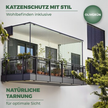 Ein schicker katzensicherer Balkon mit Topfpflanzen und Text: "Katzenschutz mit Stil" und "Natürliche Tarnung für optimale Sicht."