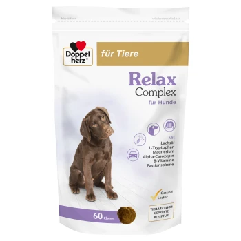 Hundezusatzpaket mit der Aufschrift "Relax Complex für Hunde", mit einem braunen Hund und hervorgehobenen Zutaten wie L-Tryptophan und Magnesium.